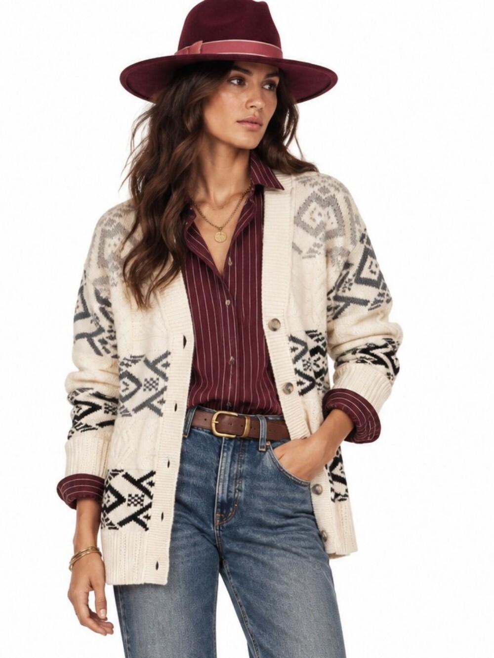 Sundance Aztec Print White Gray Cardigan Sweater